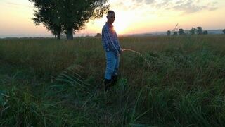 The farmer pees several times in different places in the field - porn video